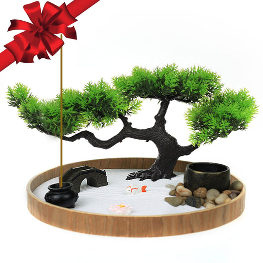 Japanese Zen Garden for Desk - Zen Garden Sand Kit, Artificial Bonsai Tree, Rakes & Accessories - Japanese Decor Office Home Desktop Relaxation Sandbox Decor. 9.5" Inches Wooden Round Tray