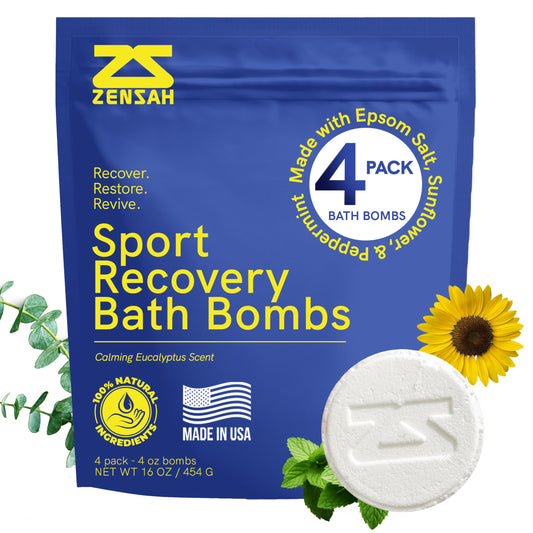 Zensah Sport Recovery Bath Bombs - Magnesium Epsom Salt for Soaking, Sore Muscle, Pain Relief, Relaxation for Athletes, Men and Women (4 Count, Eucalyptus)