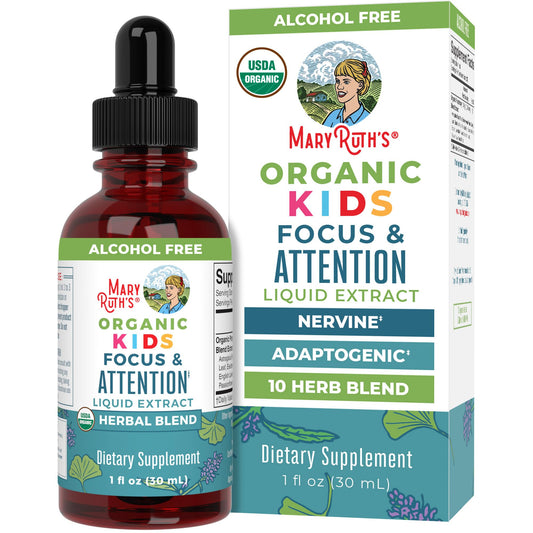 MaryRuth Organics Kids Brain Supplements for Memory and Focus, USDA Organic Drops with Ginkgo Biloba, Rhodiola Root & Licorice Root, Focus & Attention, Calm, Vegan, Non-GMO, Gluten Free, 30 Servings